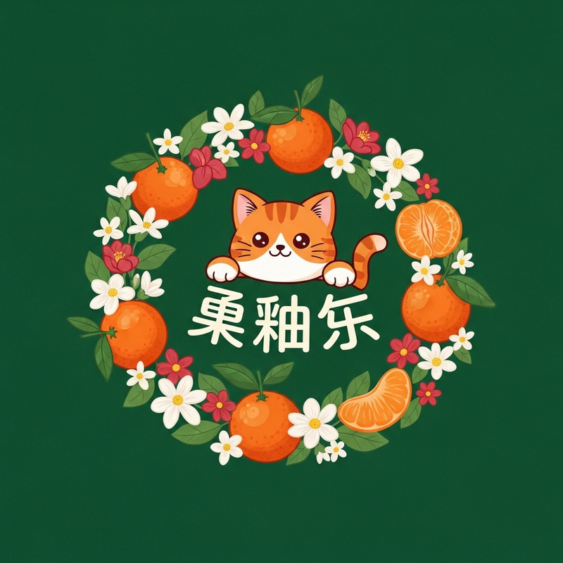 Charming Orange Cartoon Cat with Tangerines and Flowers Charming Orange Cartoon Cat with Tangerines and Flowers