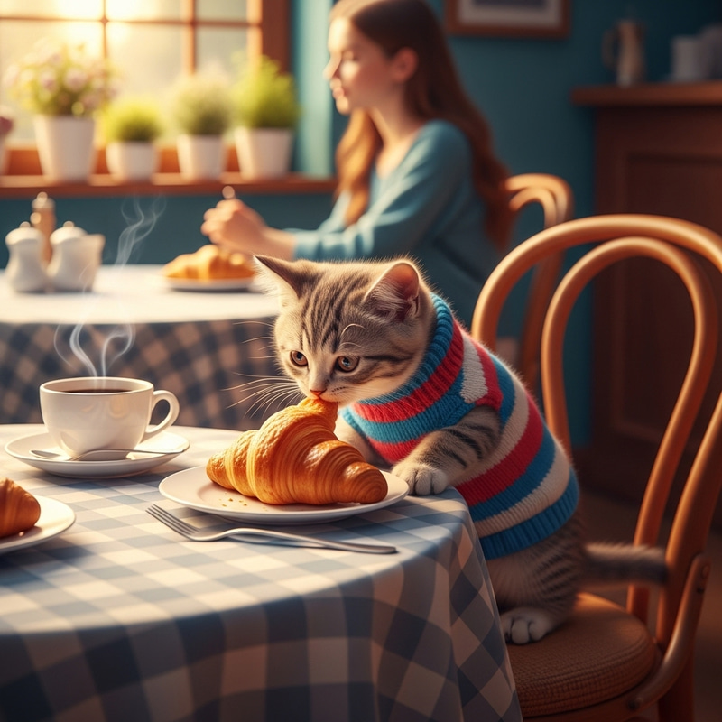 Quaint Cafe Scene with Cute Kitten Enjoying Croissant Quaint Cafe Scene with Cute Kitten Enjoying Croissant