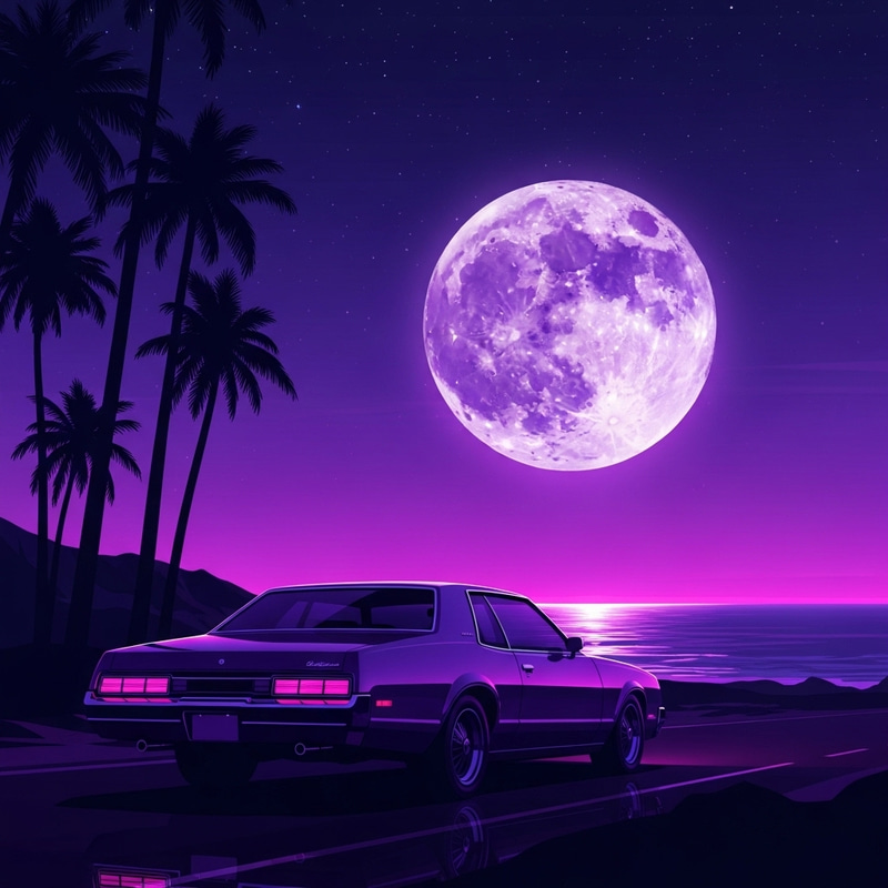 Vintage GTA Vice City Car Parked on Coastal Road at Dusk with Rising Full Moon