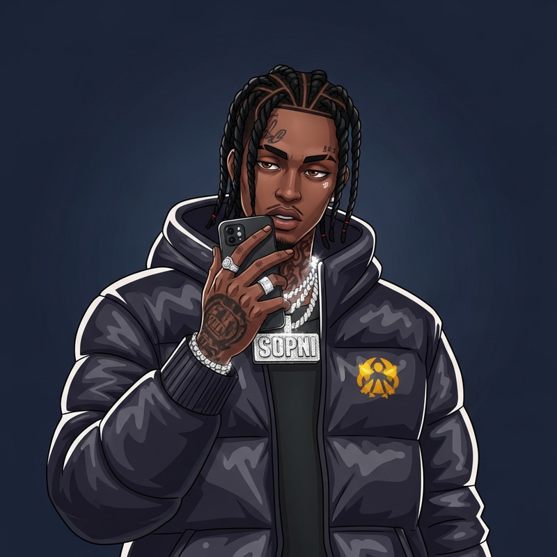 Stylized Dark-Skinned Male with Braids and Tattoos Holding Phone Stylized Dark-Skinned Male with Braids and Tattoos Holding Phone