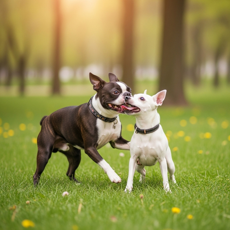 Boston Terrier Playing with White Miniature Pinscher in Grassy Park Boston Terrier Playing with White Miniature Pinscher in Grassy Park