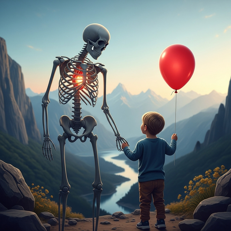 Enduring Bond: Spectral Skeleton and Boy with Red Balloon Enduring Bond: Spectral Skeleton and Boy with Red Balloon