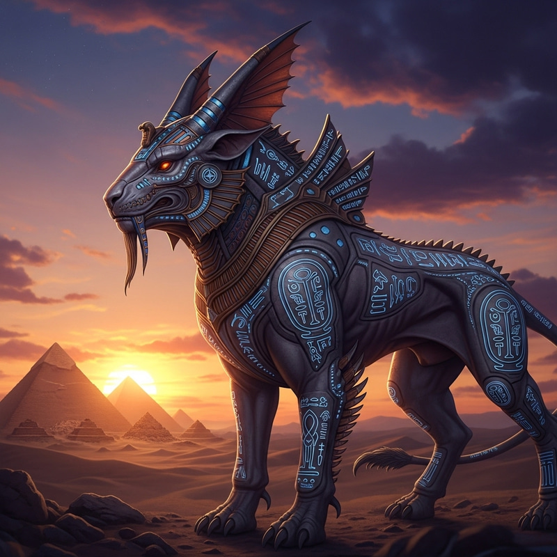 Ancient Egyptian Mythical Creature: Intricate Deity-Beast in Magic Desert