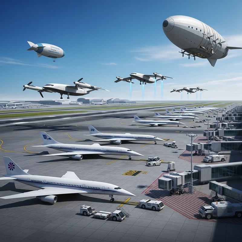 Futuristic Supersonic Planes and VTOL Aircraft at Busy Airport