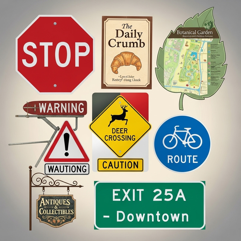 Signage Variety: Road Signs, Store Signs, Information Boards