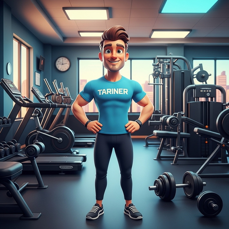 Vibrant Cartoon Fitness Trainer in 3D Gym Illustration
