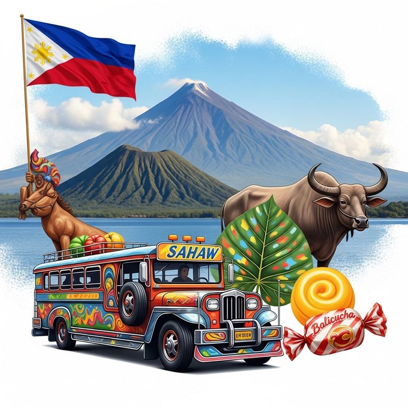 Diverse Philippine Culture: Jeepney, Anahaw Leaf, Balicucha, Mayon Volcano, Carabao & Flag