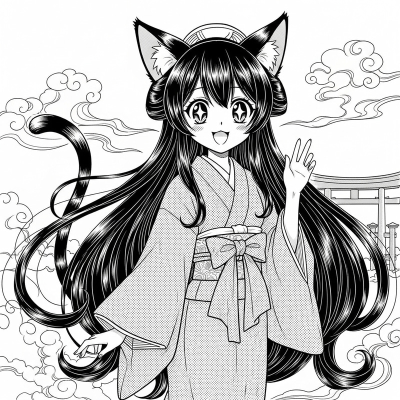 Manga-Style Black Hair Catgirl with Cheerful Expression Manga-Style Black Hair Catgirl with Cheerful Expression