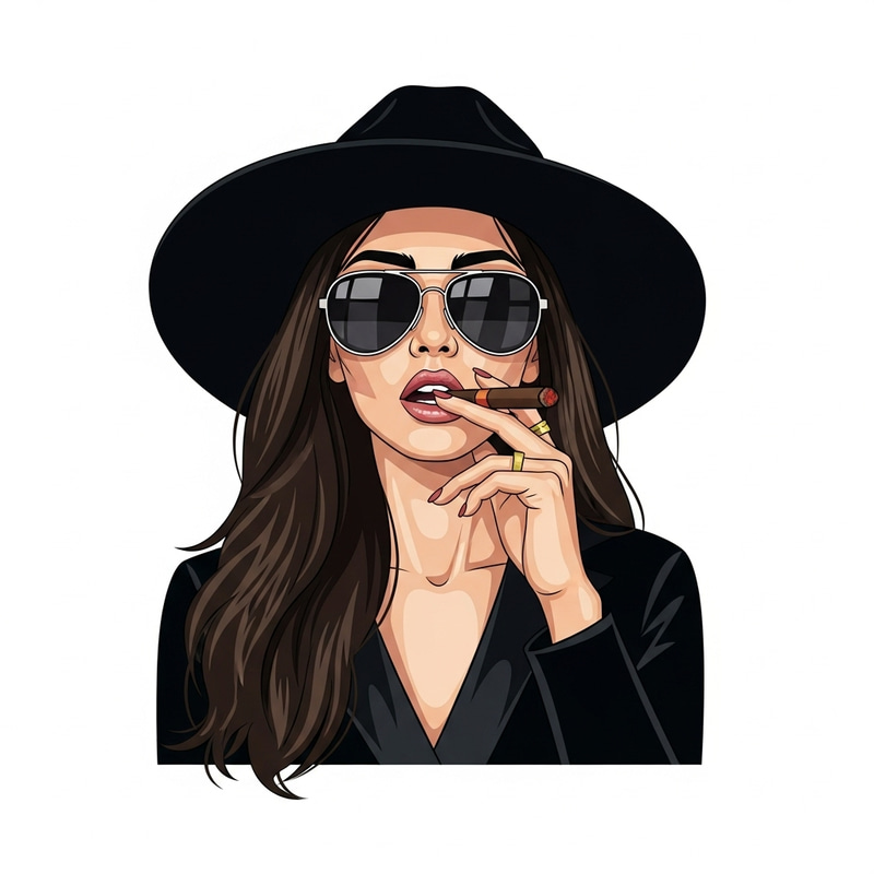 Vector Illustration of Mysterious South Asian Girl in Black Attire with Cigar