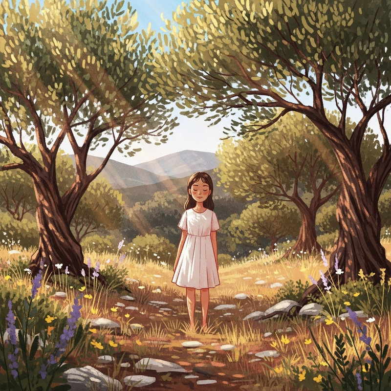 Serene Girl in Mediterranean Forest | Digital Art