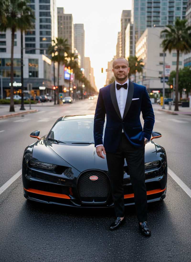 Confident Model by Luxury Bugatti Sports Car