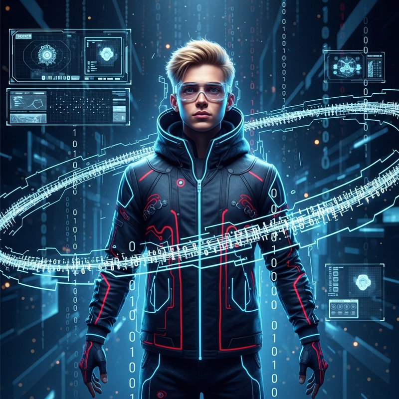 Cyber Avatar Blonde Hair Boy - Digital Futuristic Environment Cyber Avatar Blonde Hair Boy - Digital Futuristic Environment
