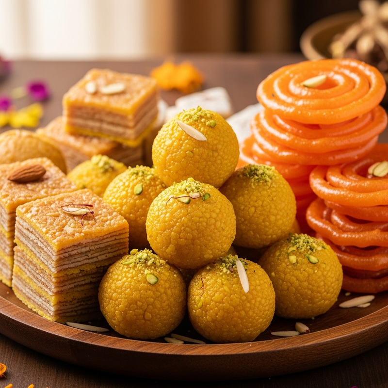 Vibrant Indian Sweets: Laddu, Jalebi, Patisa & More