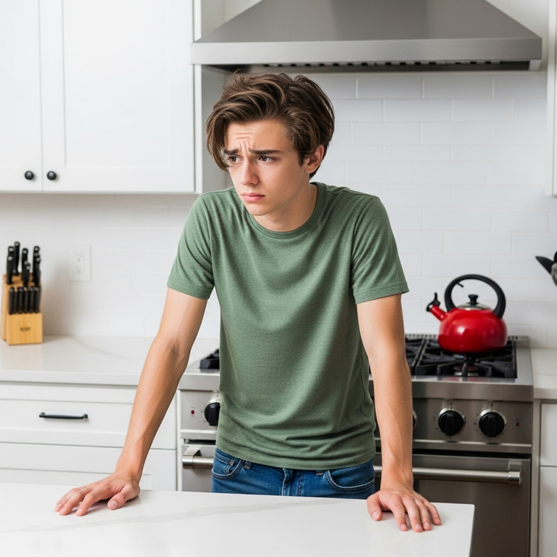 Anxious Teenage Boy in Modern Kitchen | Tense Moment