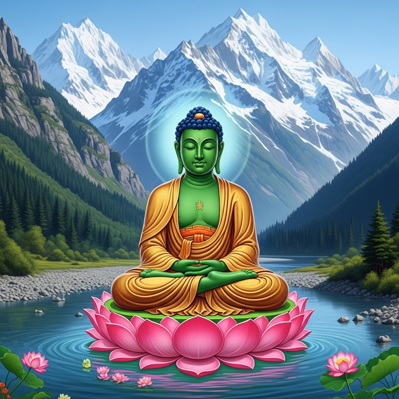 Buddha Meditating in Snow-Capped Mountains