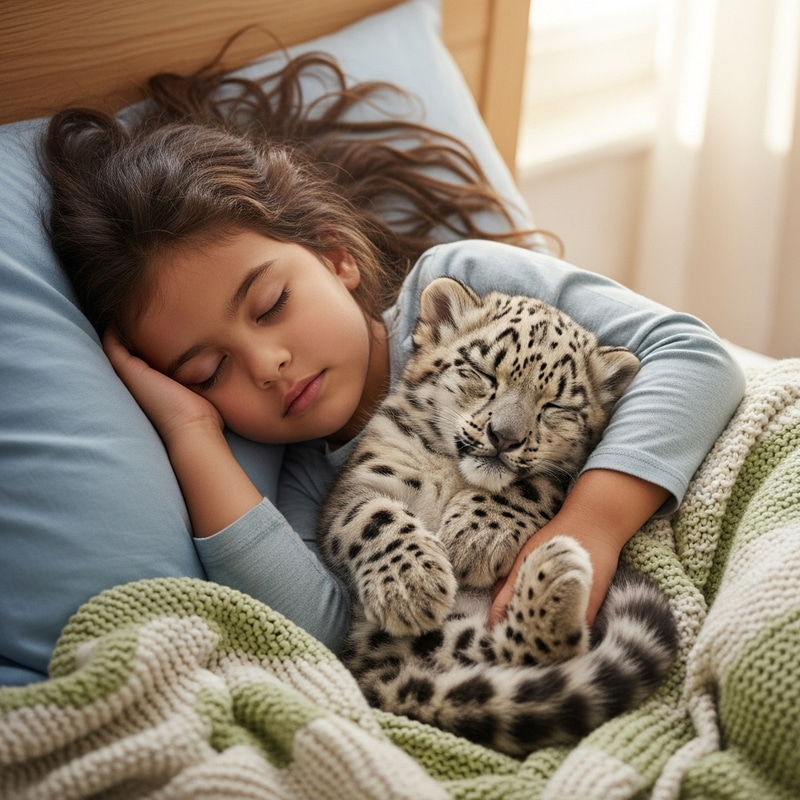 Peaceful Nap: Little Girl Sleeping with Sleeping Baby Snow Leopard