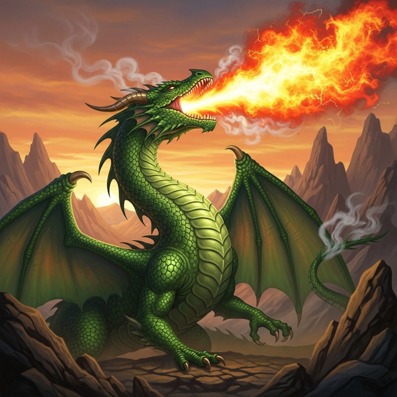 Green Dragon Breathing Fire at Mountain Sunset