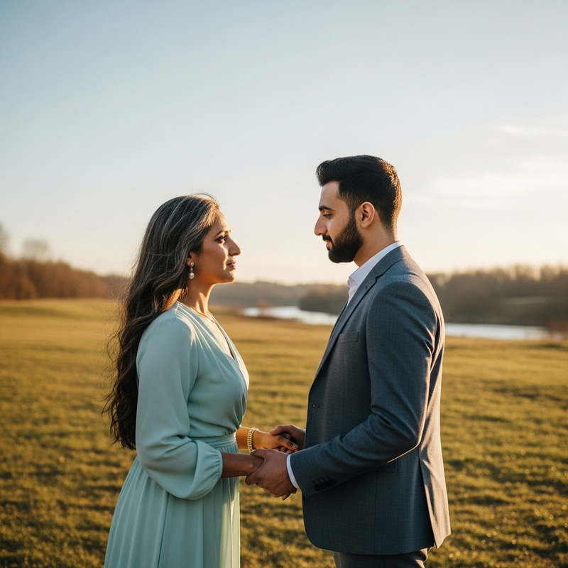 Intimate Couple Standoff in Green Landscape