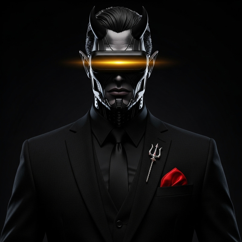 Power and Mystery: Stylish Man in Black Suit with Devilish Charm