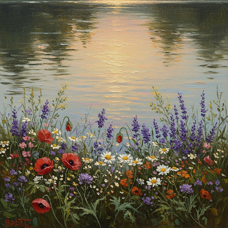 Vintage Oil Painted Portrait of Flowers and Lake with Tranquil Ambiance Vintage Oil Painted Portrait of Flowers and Lake with Tranquil Ambiance