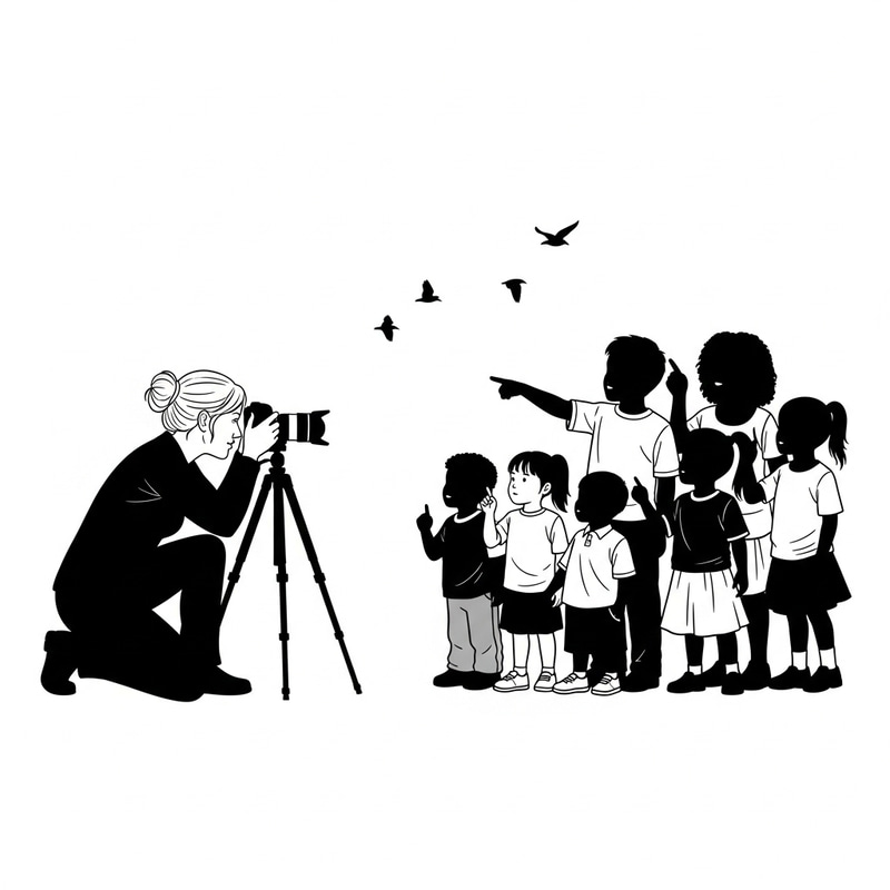 Black and White Silhouette of Female Photographer with Children Black and White Silhouette of Female Photographer with Children