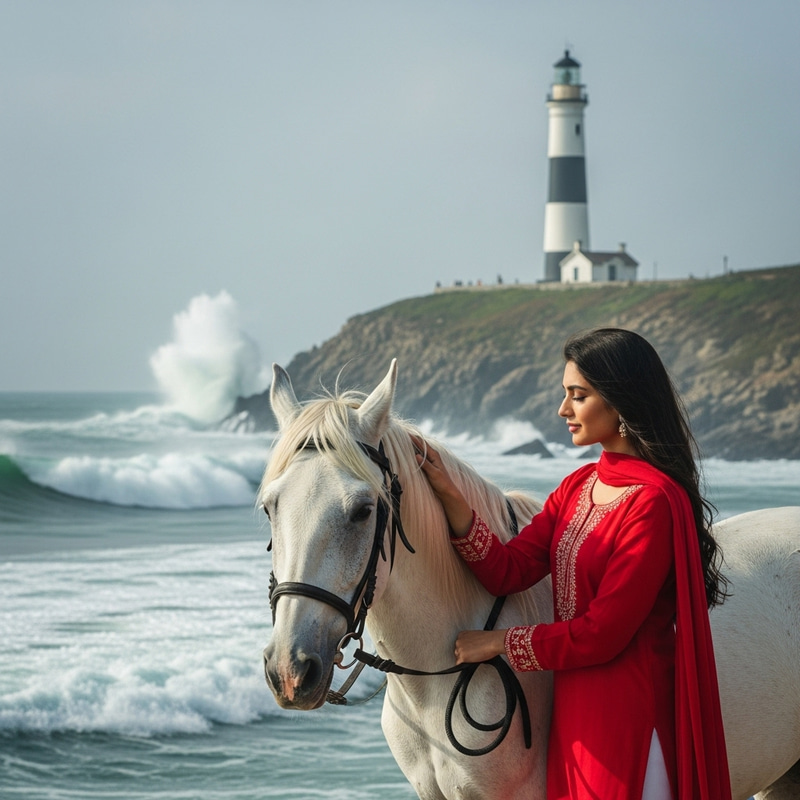 Alluring Woman in Red Petting Majestic Horse by Ocean Waves