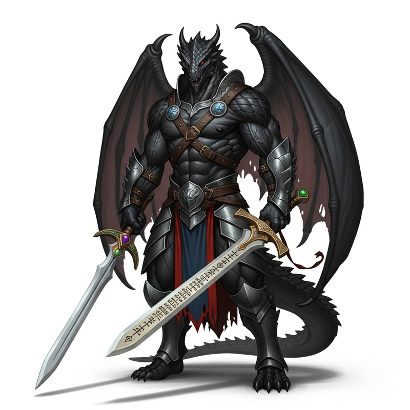 Black Dragonborn Paladin with Dual Swords Black Dragonborn Paladin with Dual Swords