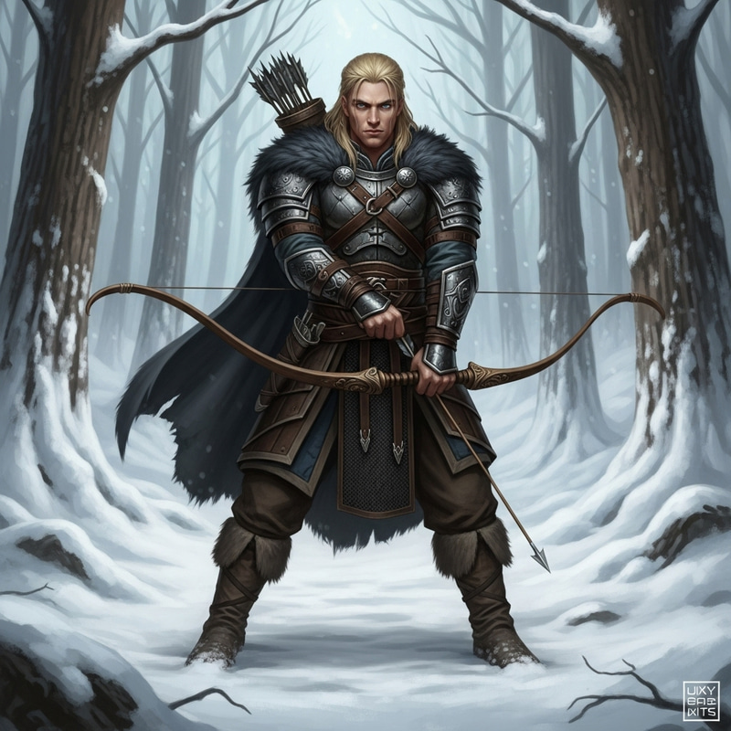 Grimdark Male Viking D&D Hunter with Bow in Winter Forest