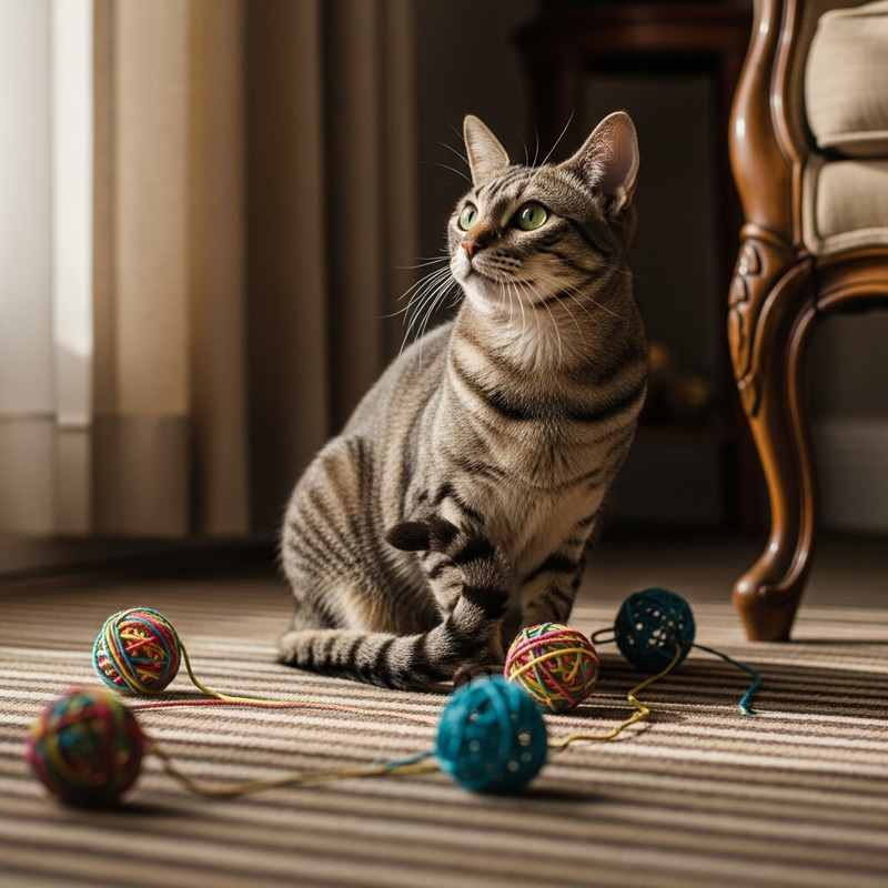Adorable Cat Playing with Toys on Striped Carpet Adorable Cat Playing with Toys on Striped Carpet