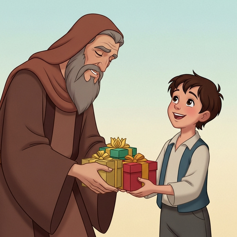 Joyful Giving: Spiritual Blessings Passed from Figure to Boy Joyful Giving: Spiritual Blessings Passed from Figure to Boy
