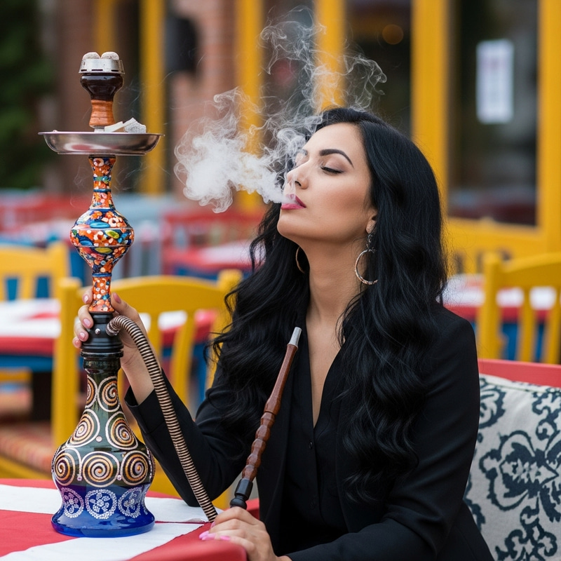 Beautiful South Asian Woman Enjoying Shisha in Colorful Restaurant
