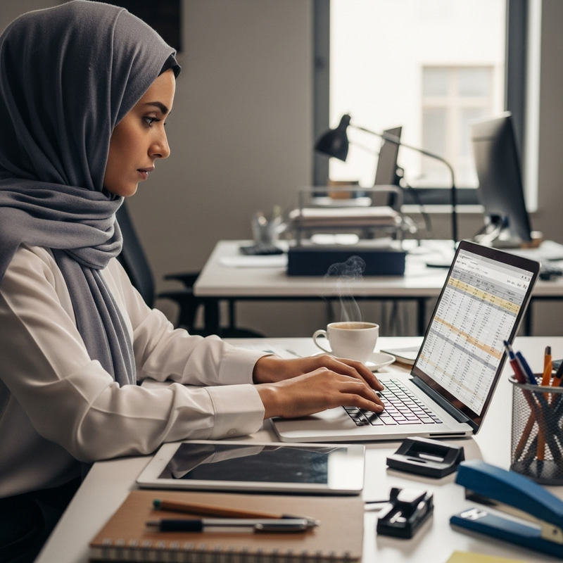 Dedicated Muslim Woman at Work Station in Modern Office