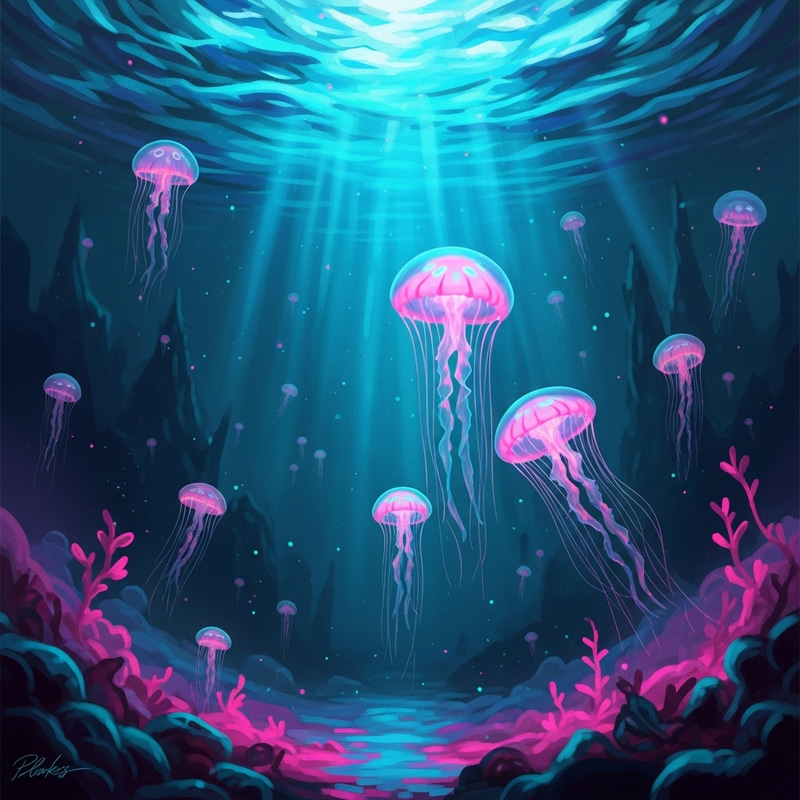 Vibrant Neon Jellyfish in Surreal Underwater Fantasy Vibrant Neon Jellyfish in Surreal Underwater Fantasy