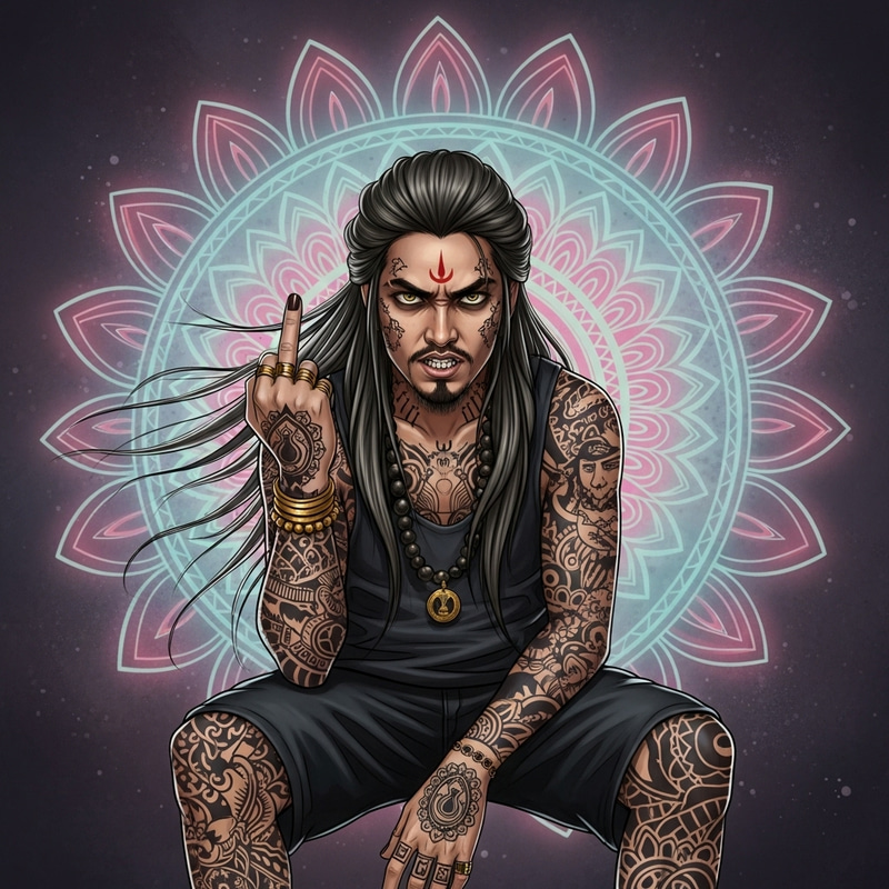 Rebellious Male with Intricate Tattoos and Flowing Hair Rebellious Male with Intricate Tattoos and Flowing Hair