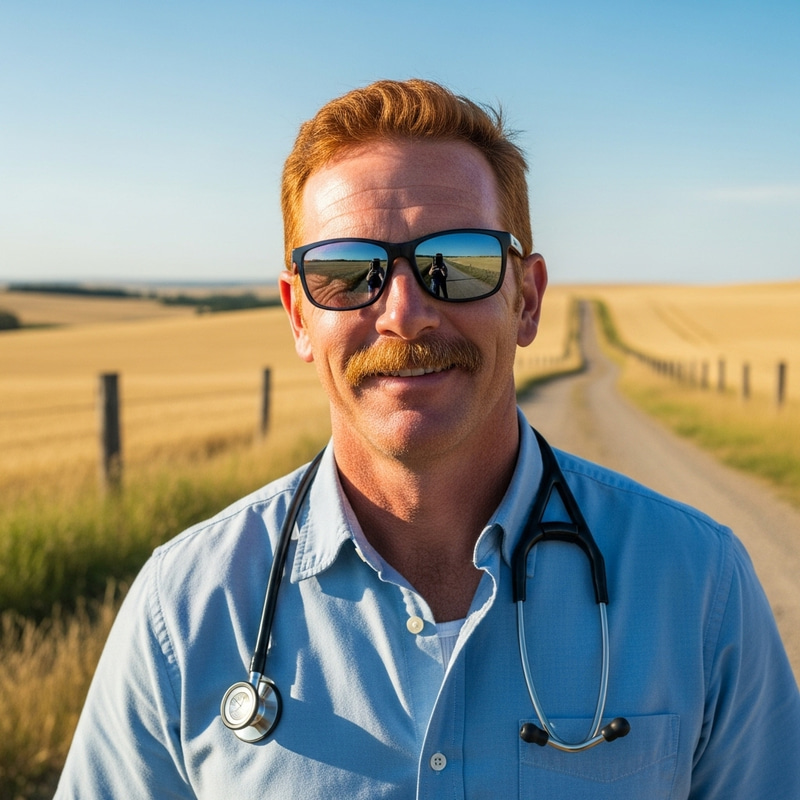 Rural Doctor with Vibrant Red Hair and Sunglasses Rural Doctor with Vibrant Red Hair and Sunglasses