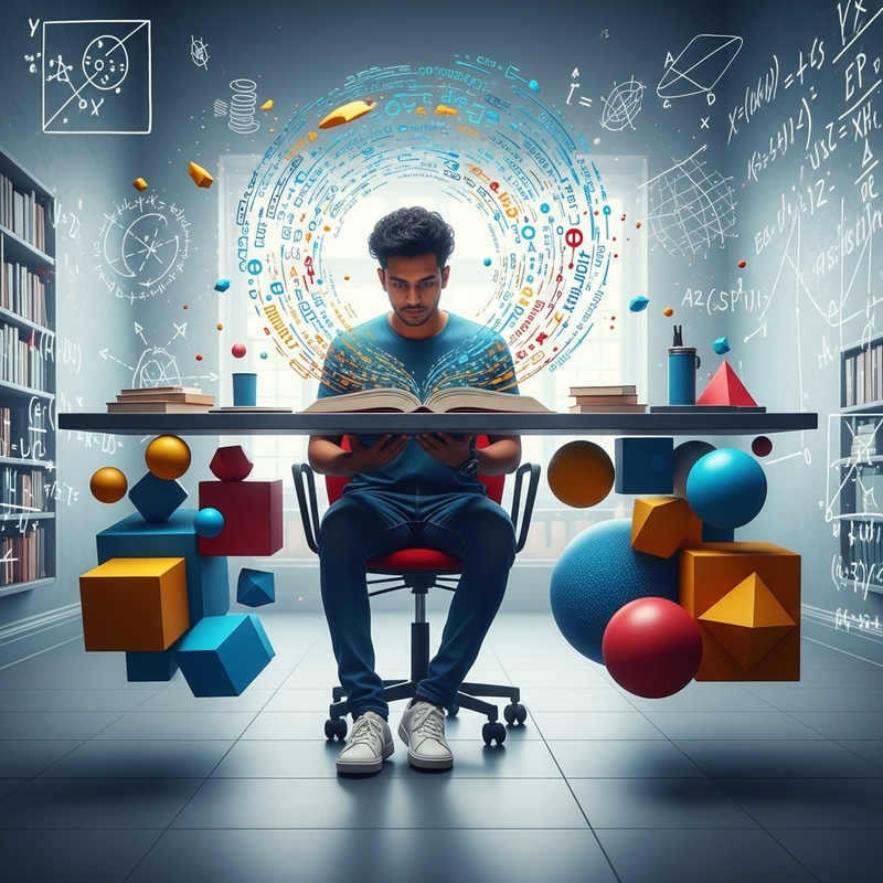 Surreal Abstract College Student Immersed in Learning