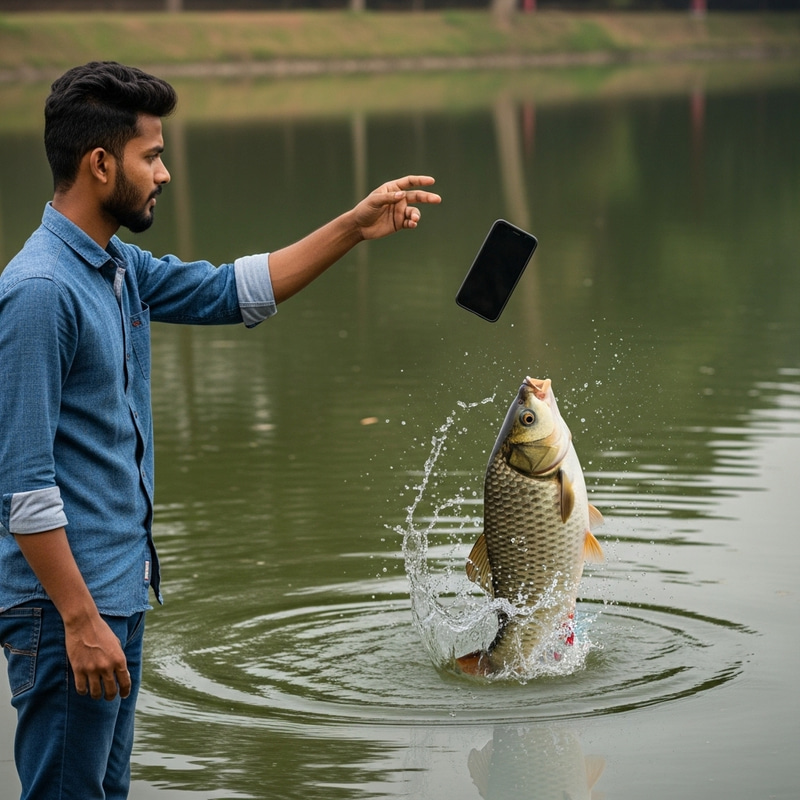 Man Catching Phone in Pond with Leaping Fish Man Catching Phone in Pond with Leaping Fish