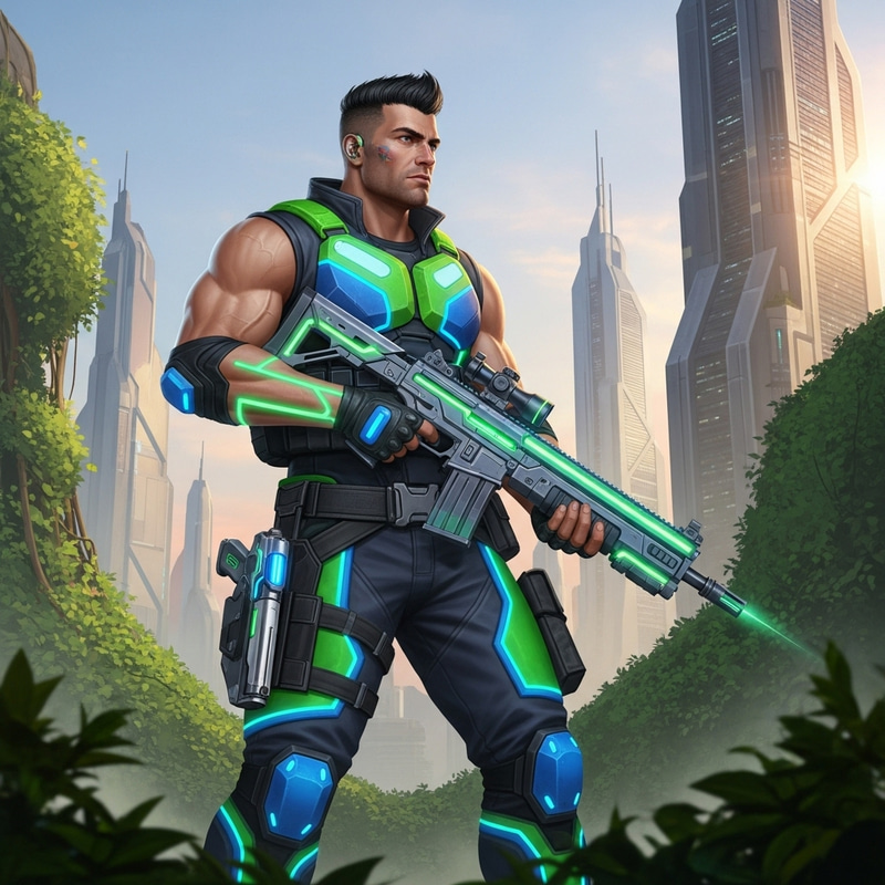 Fortnite Style Character Maurice with Neon Outfit and High-Tech Weapons Fortnite Style Character Maurice with Neon Outfit and High-Tech Weapons