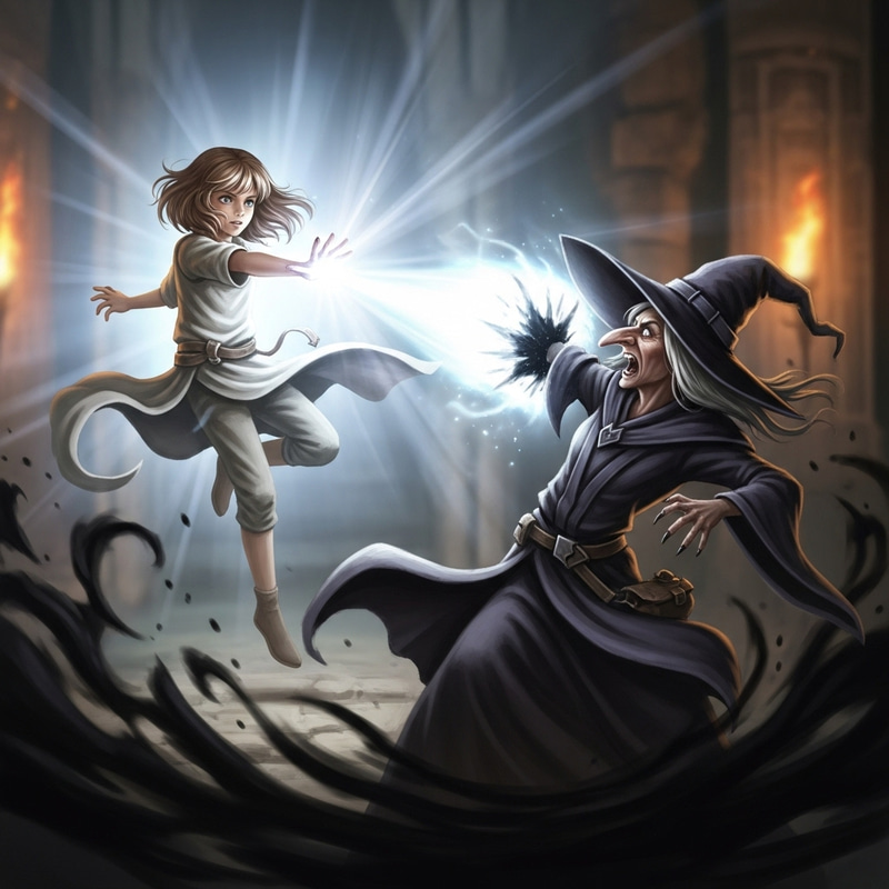 Girl Engages in Battle with Witch in Ethereal Light