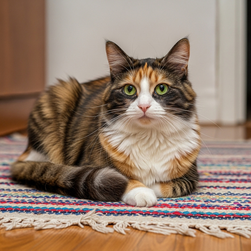 Adorable Calico Cat Resting on Vibrant Rug Adorable Calico Cat Resting on Vibrant Rug