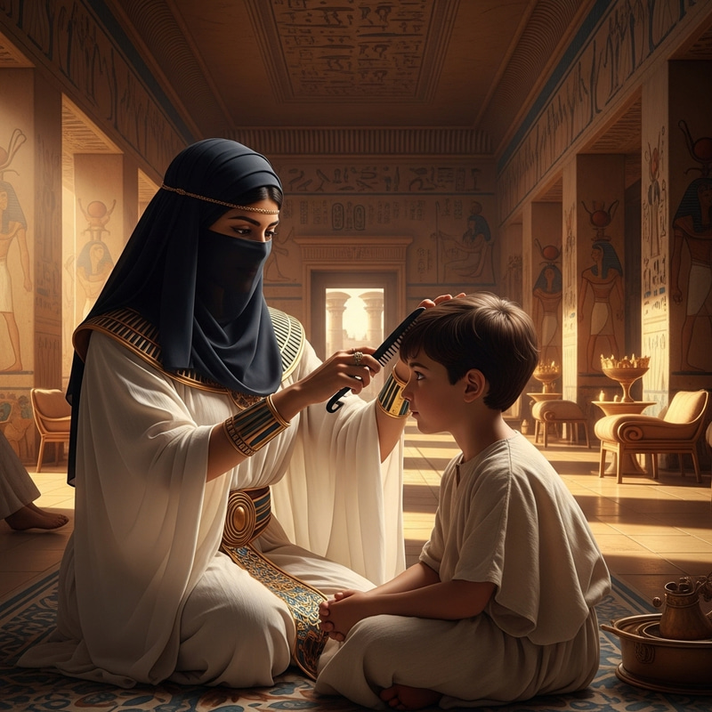 Veiled Woman Combing Pharaoh's Son Hair in Palace