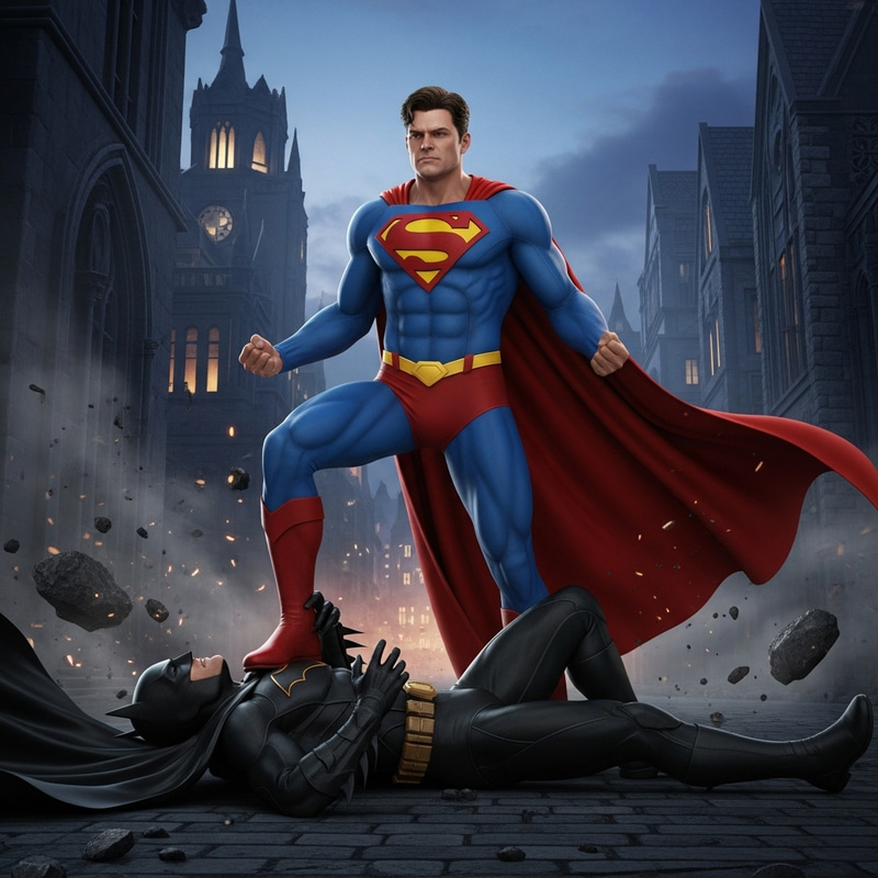 Superman vs Batman: Epic Battle in Gothic Cityscape