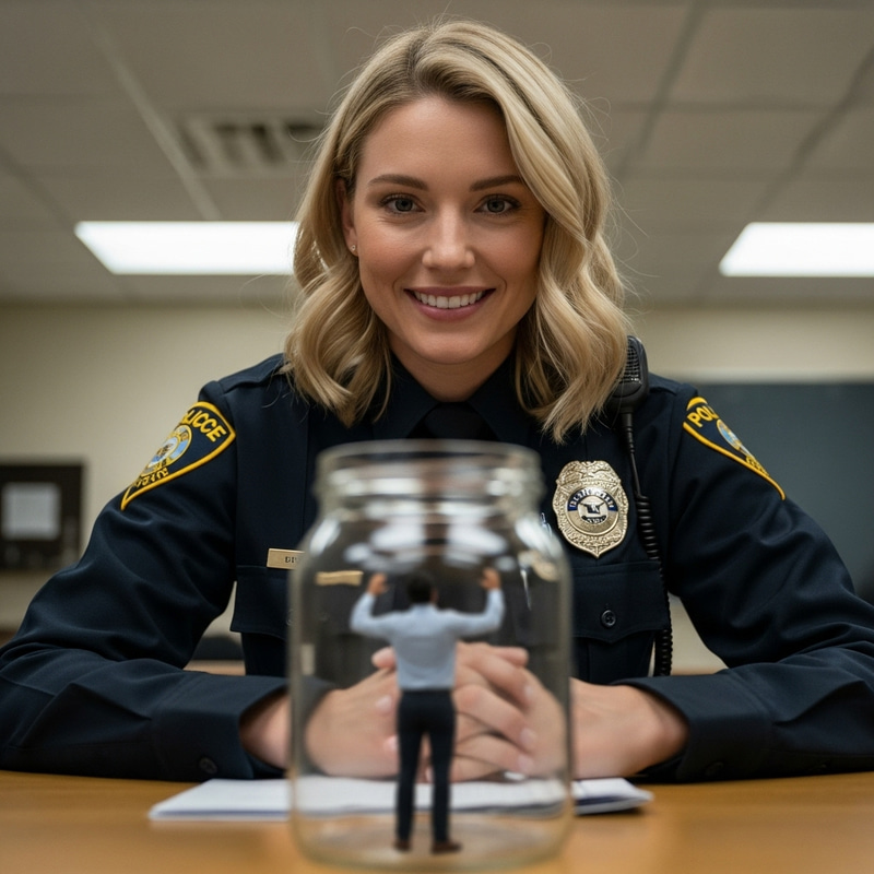 Tall Smirking Blonde Policewoman and Tiny Man in Glass Jar