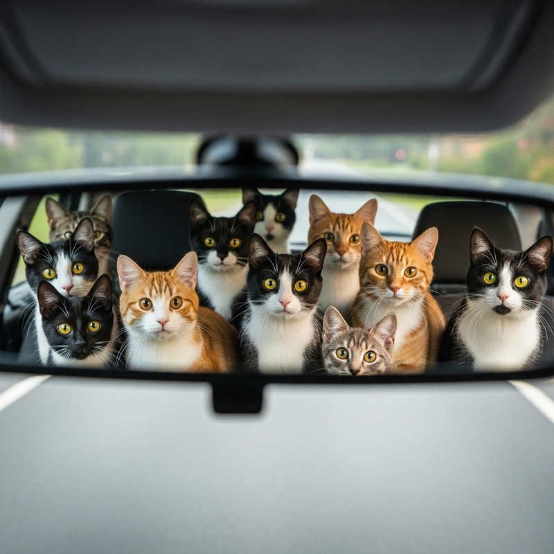 Group of Colorful Cats in Car Mirror | Furry Feline Gathering Group of Colorful Cats in Car Mirror | Furry Feline Gathering