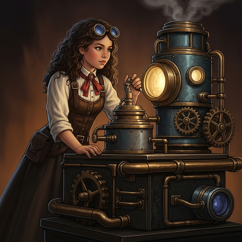 Inspiring Steampunk Adventure: Young Girl Operates Magnificent Steam Machine Inspiring Steampunk Adventure: Young Girl Operates Magnificent Steam Machine