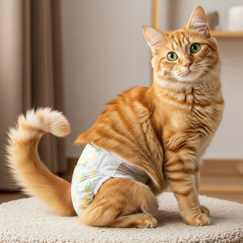 Playful Fluffy Orange Cat in Stylish Baby Diaper Playful Fluffy Orange Cat in Stylish Baby Diaper