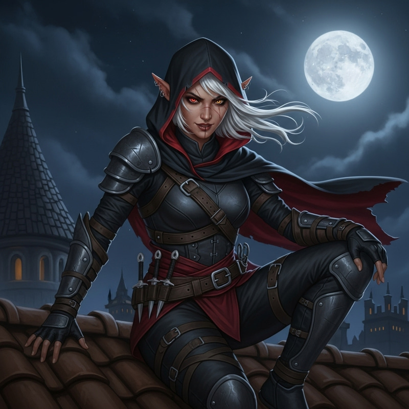 Shadow-Dancer: Mysterious Woman on Rooftop with White Hair and Mismatched Eyes Shadow-Dancer: Mysterious Woman on Rooftop with White Hair and Mismatched Eyes