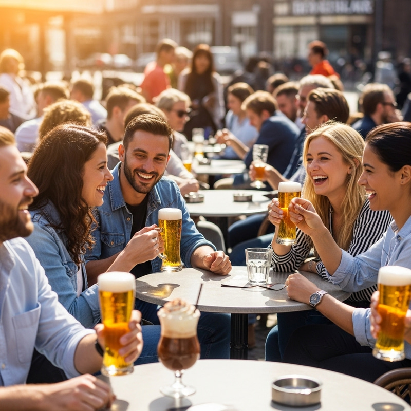 Summer Café in Düsseldorf: Vast Outdoor Terrace, People Enjoy Beer and Cold Coffee Drinks Summer Café in Düsseldorf: Vast Outdoor Terrace, People Enjoy Beer and Cold Coffee Drinks