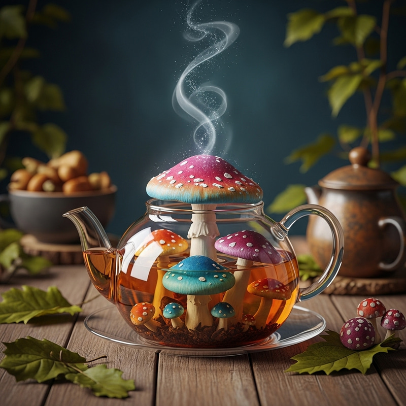Magic Mushroom Tea: Enchanting Brew on Wooden Table Magic Mushroom Tea: Enchanting Brew on Wooden Table