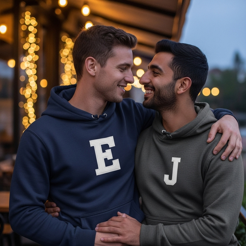 Intercultural Love Story: Happy Couple in E & J Hoodies